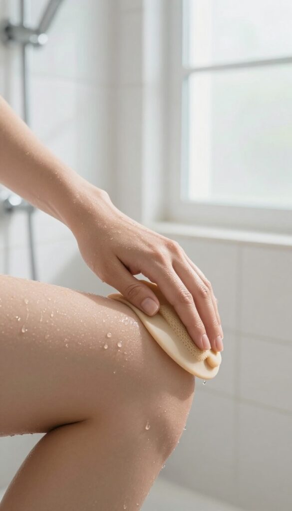 Woman exfoliating her arm with a soft mitt in a bright shower, glowing skin