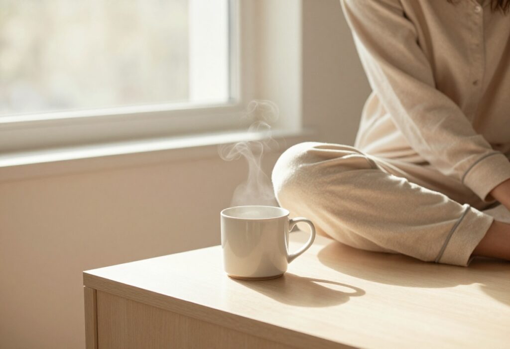 Peaceful morning self-care routine with soft light and a warm mug