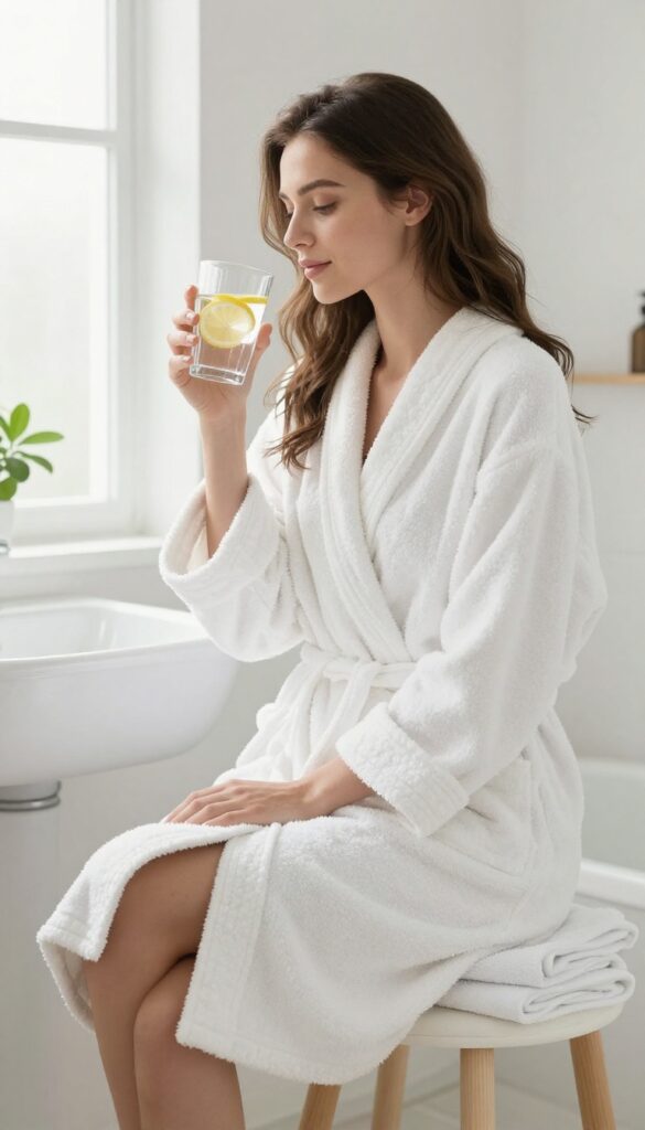 Woman in white robe drinking water with lemon after shower, spa bathroom setting