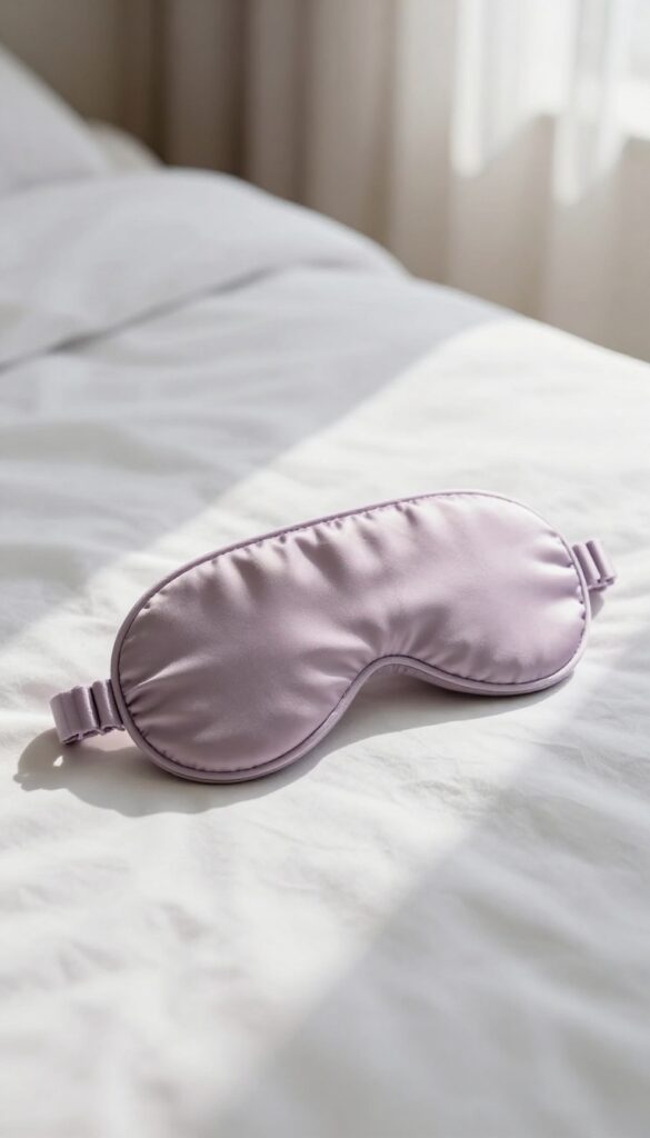 A silk sleep mask on a white pillow in soft morning light, promoting complete darkness for restful sleep.
