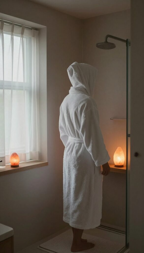 Person stepping out of shower into cool, dimly lit bathroom with salt lamp and open window