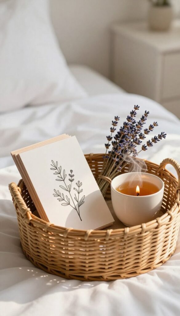 Self-care basket with gratitude card deck, tea, candle, and lavender on a bed