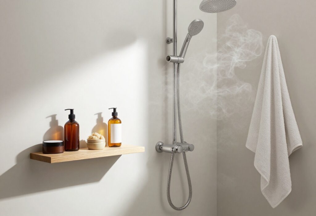Serene bathroom with shower essentials arranged on a wooden shelf, soft steam, and natural light