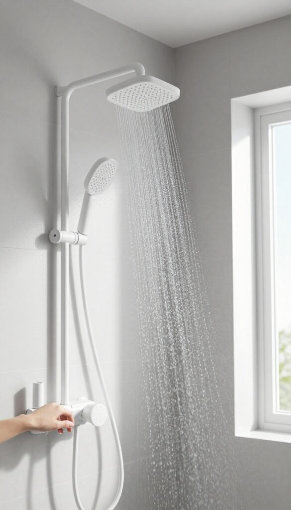 Person adjusting shower temperature to cool water in a bright, modern bathroom