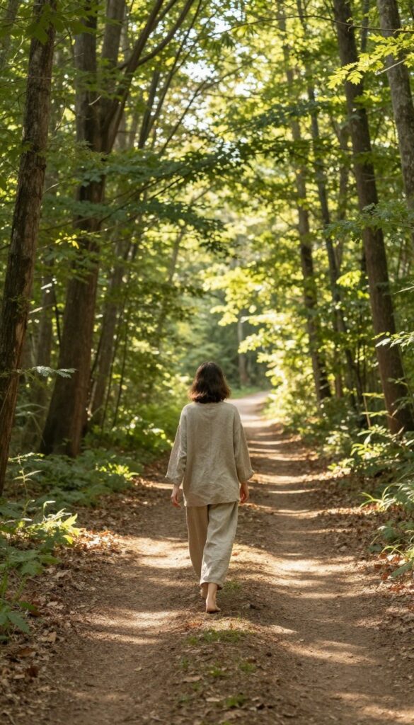 A person walking barefoot on a winding dirt path through a sun-dappled forest