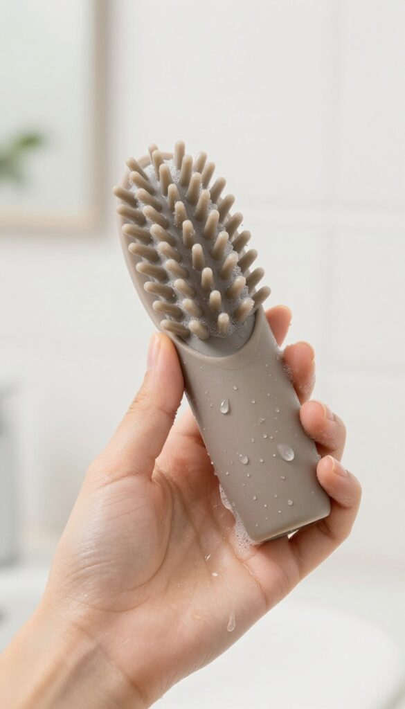 Silicone scalp massager in hand with water and shampoo suds