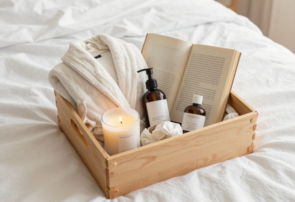 A self-care gift basket with a candle, robe, book, and bath products on a white blanket.