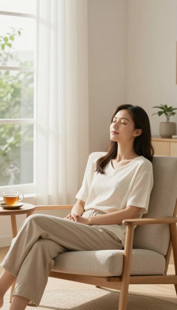 Woman meditating with a smartphone app in a bright, cozy living room