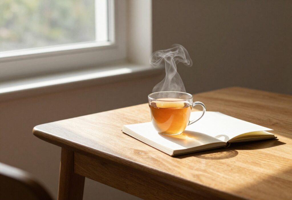 Cozy self-care setup with tea and notebook in sunlit room