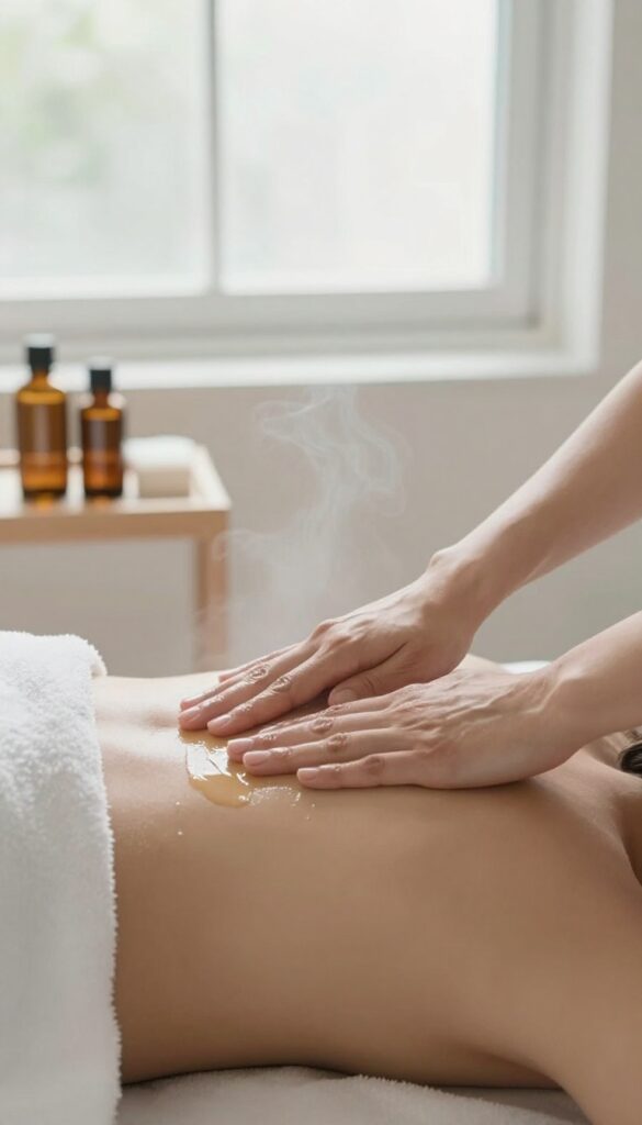 Woman applying essential oil blend to lower belly before a shower for period cramp relief