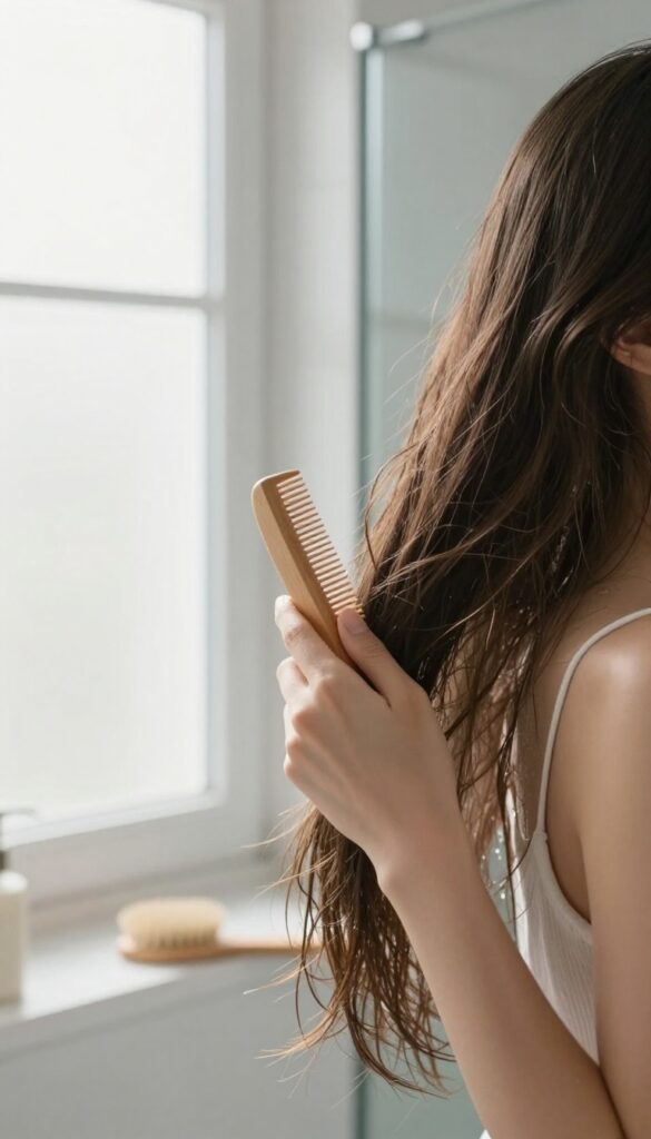 Woman brushing her hair before showering in a bright, clean bathroom
