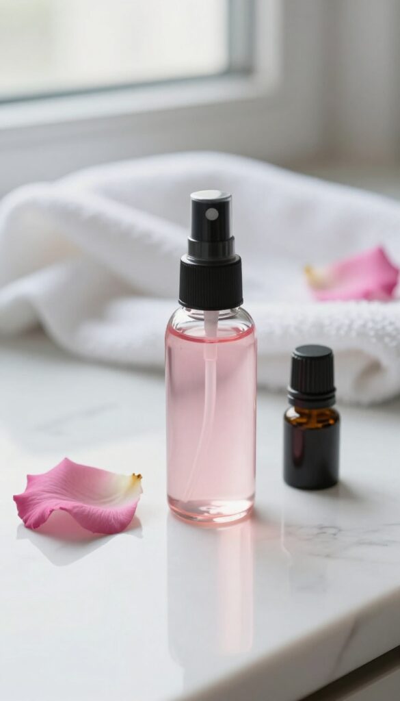 DIY rosewater toner in a glass spray bottle on a marble countertop with a rose petal and glycerin bottle