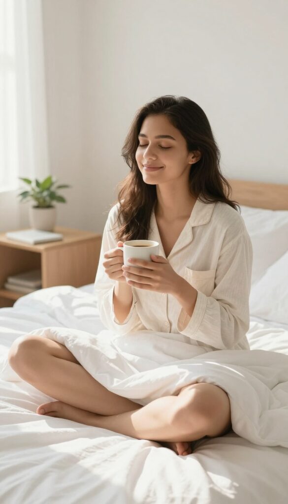 Woman practicing gratitude out loud in a sunlit bedroom with coffee, morning light, calm wellness vibe