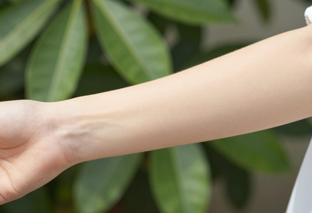 Close-up of smooth, glowing skin on a woman's arm with soft natural lighting and green leaves in background.