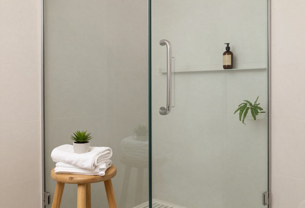 Spa-like bathroom with body wash and towel on a wooden stool