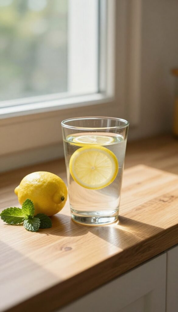 A glass of lemon water on a kitchen counter with morning sunlight.