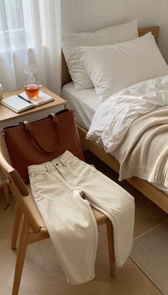 A cozy bedroom with a laid out outfit on a chair, a packed bag, and a to-do list on the nightstand, bathed in soft morning light.