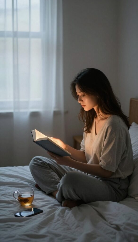 A woman reading a book in bed before sleep, phone set aside, warm lighting, cozy atmosphere