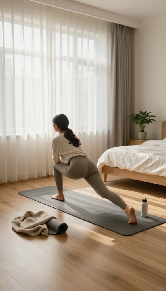 Woman doing a gentle morning stretch on a yoga mat in a sunlit bedroom