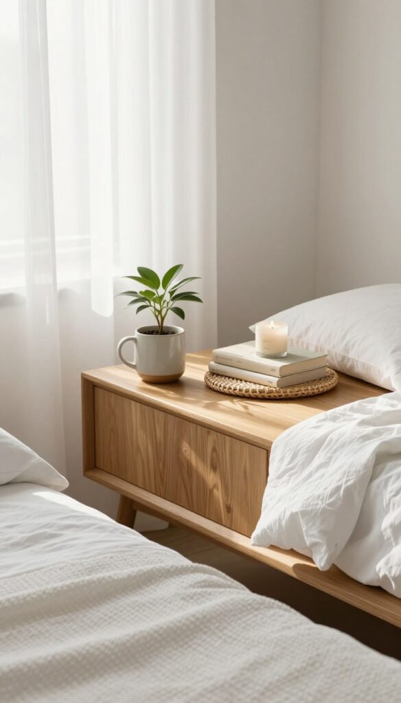A clean, minimalist nightstand with a plant, books, and candle in soft morning light