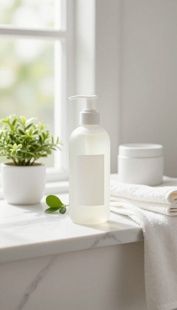 Clarifying shampoo bottle on a bathroom shelf with natural light and minimal decor