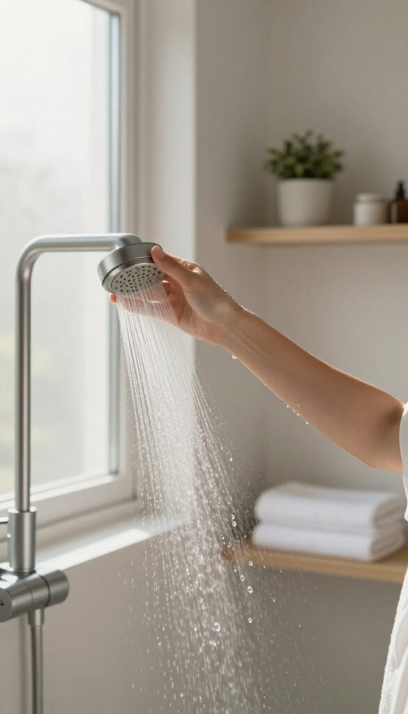 Person adjusting shower to cool rinse in a bright, minimalist bathroom with natural light