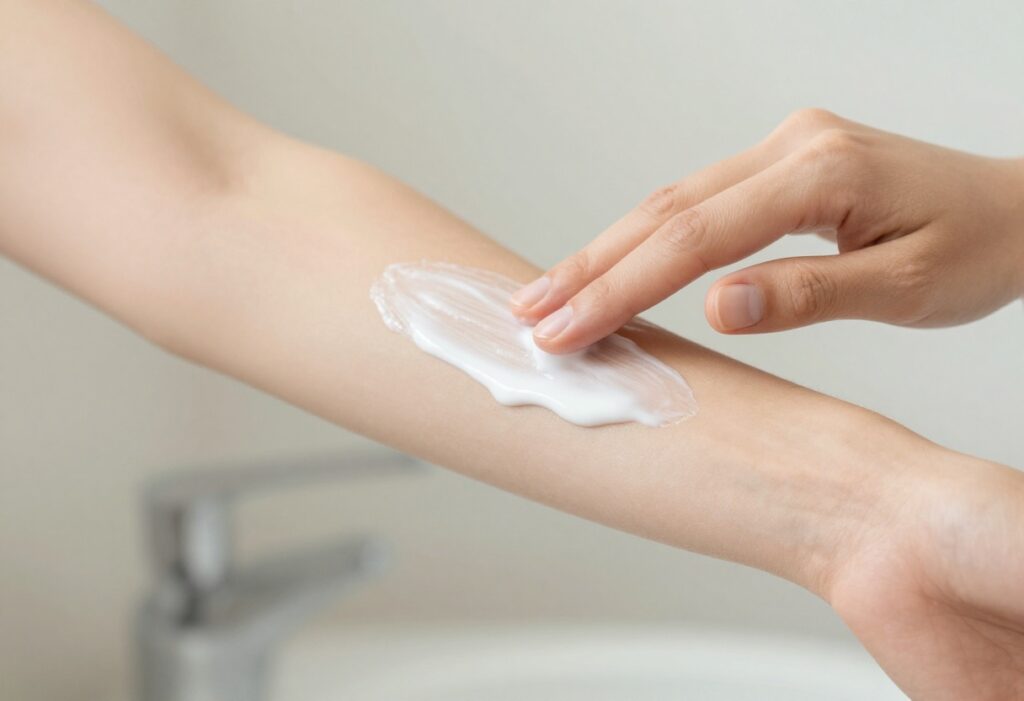 Hand applying body lotion to forearm with smooth, hydrated skin