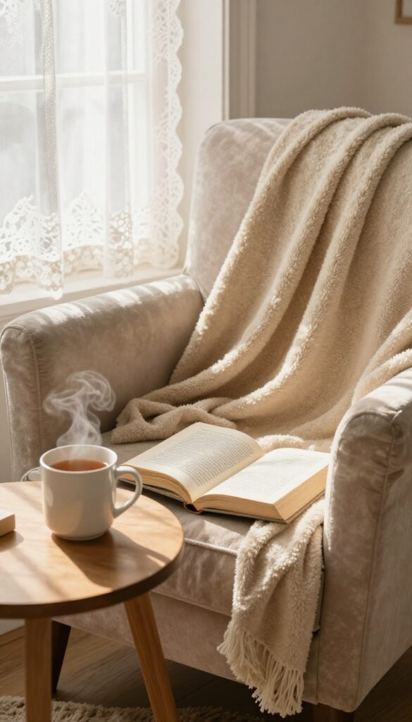 Cozy reading nook with book, blanket, and tea in warm sunlight