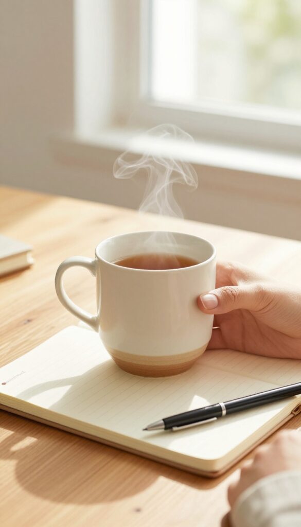 Person holding a mug of tea after a gratitude pause, with notebook and pen on a wooden desk in natural light