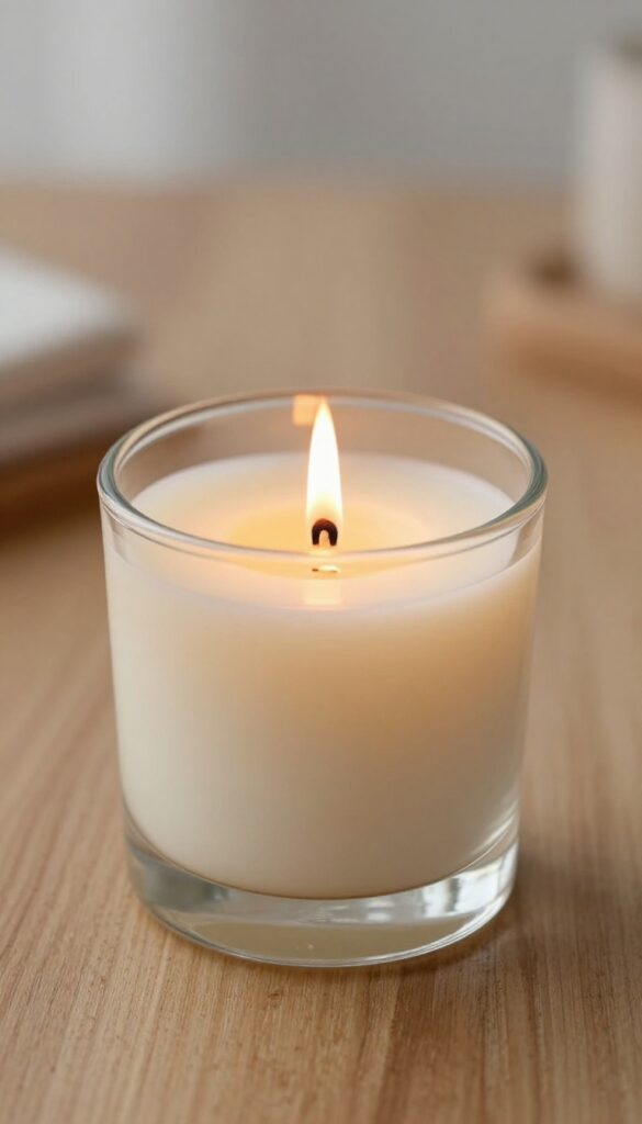 Natural soy wax candle with soft flame on wooden table