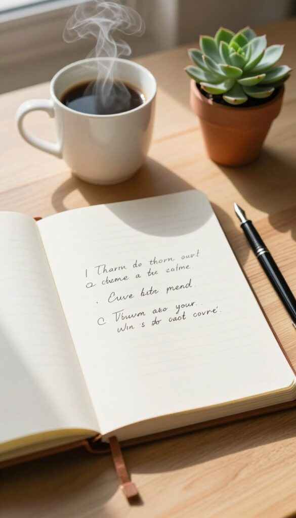 A person's hand writing three intentions in a journal on a sunlit desk with coffee and a succulent