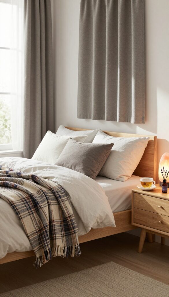 Cozy bedroom with heavy blankets, herbal tea, lavender oil, and blackout curtains for a restful night's sleep