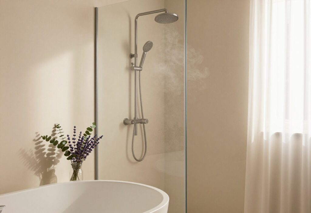 Calming night shower setup with dim lights and lavender