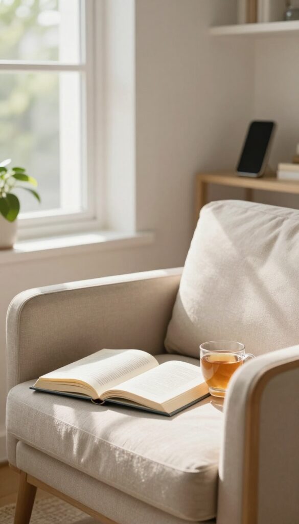 Cozy living room corner with an armchair, book, and tea, smartphone out of sight, representing a tech-free hour for self-care.