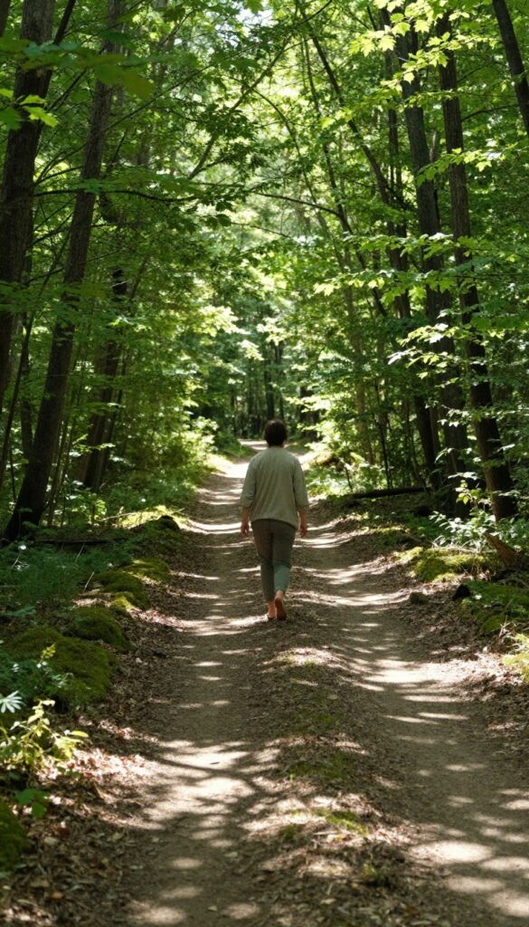 Person walking barefoot on a winding forest path with dappled sunlight, no technology visible, peaceful and mindful.