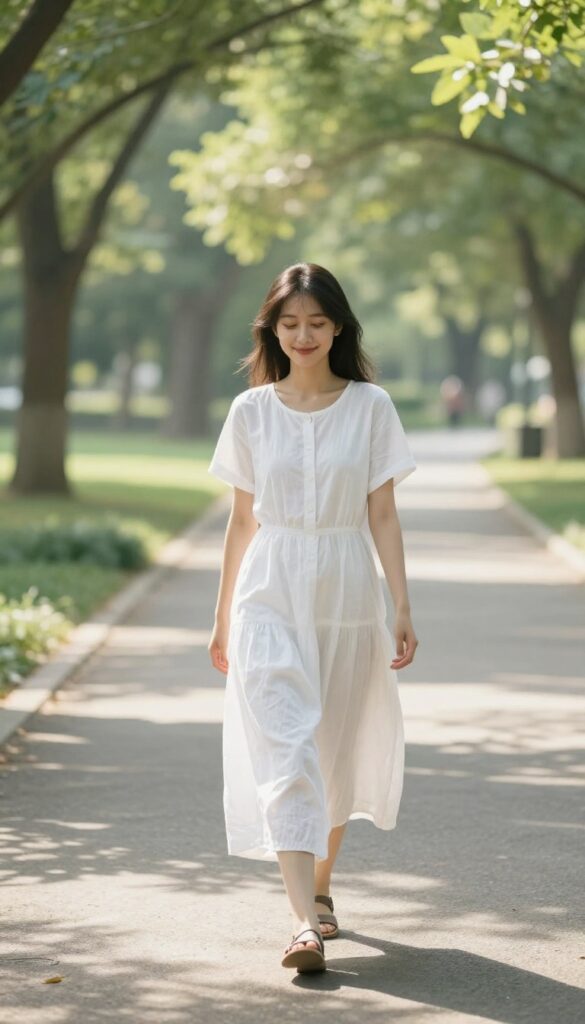 Woman walking barefoot on a sunlit park path, eyes closed, enjoying a tech-free walk
