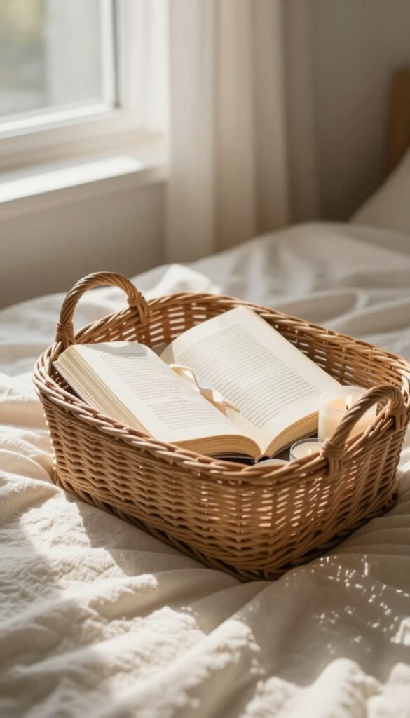 A self-care basket with an open inspirational book, ribbon, and candle in natural light.