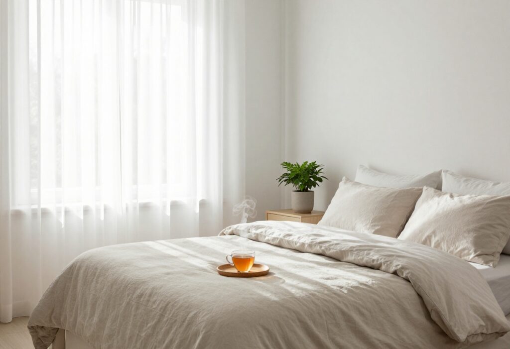 A peaceful bedroom with soft lighting, a cozy bed, a plant, and a cup of tea on a tray.