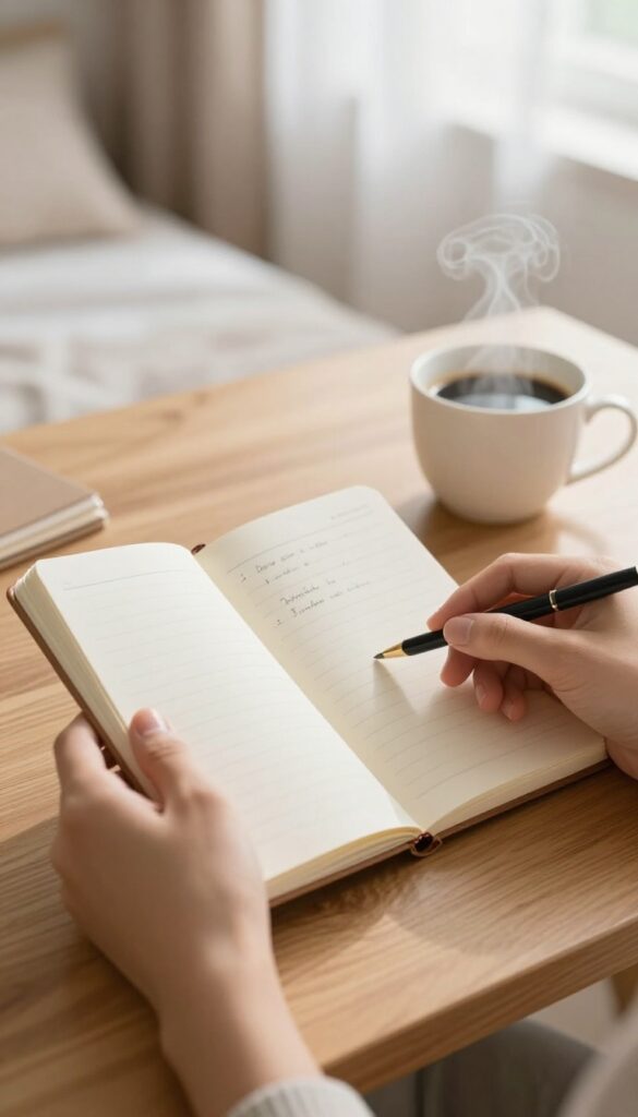 Hands writing in a gratitude journal on a desk with morning coffee and soft sunlight
