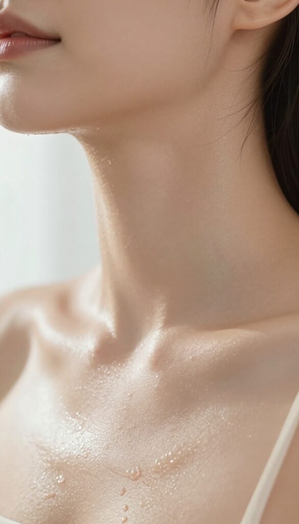 Woman applying moisturizer to her neck and chest after a shower, glowing skin, natural light, beauty routine