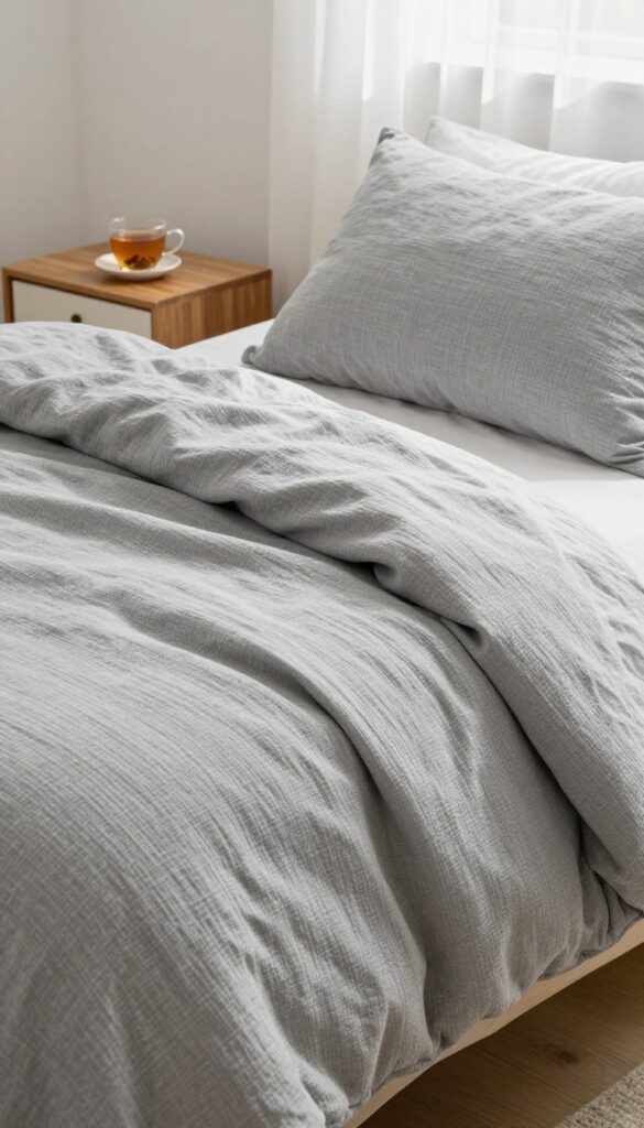 A cozy bedroom with a weighted blanket on the bed, soft natural light, and a calming atmosphere.