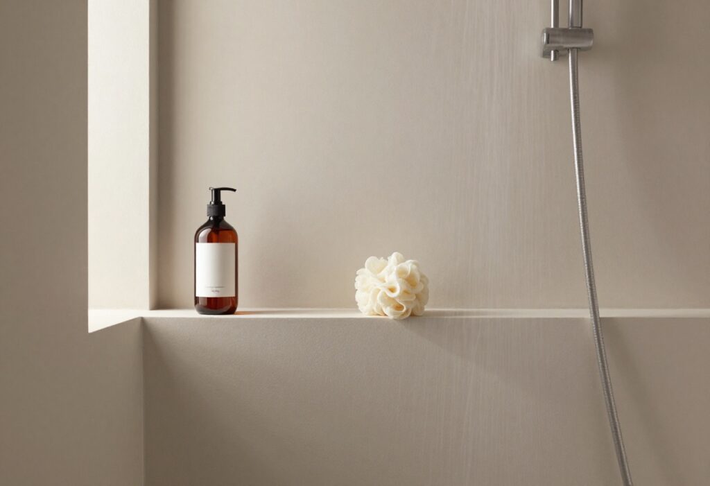 A peaceful shower setup with body wash and loofah, soft lighting, promoting a relaxing body care routine.