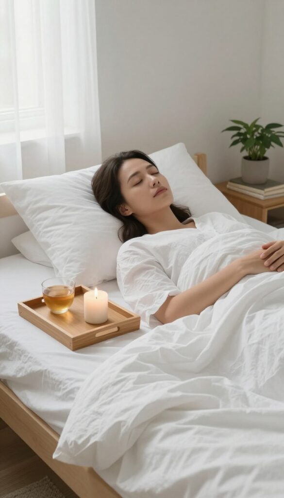 Peaceful bedroom at dusk with woman resting in bed, candle and tea on nightstand, soft natural light