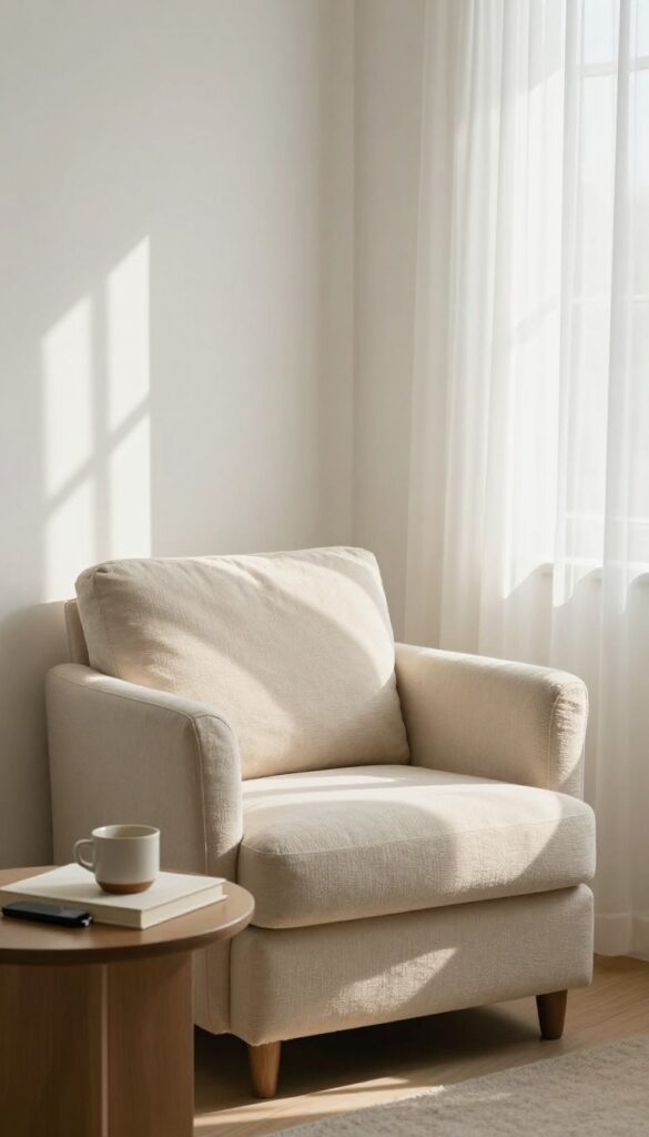 Cozy living room with armchair, book, tea, and phone set aside for a digital detox