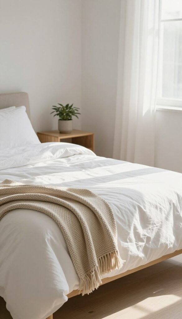 A neatly made bed in a sunlit bedroom with white linens, a folded throw blanket, and a potted plant on a nightstand.
