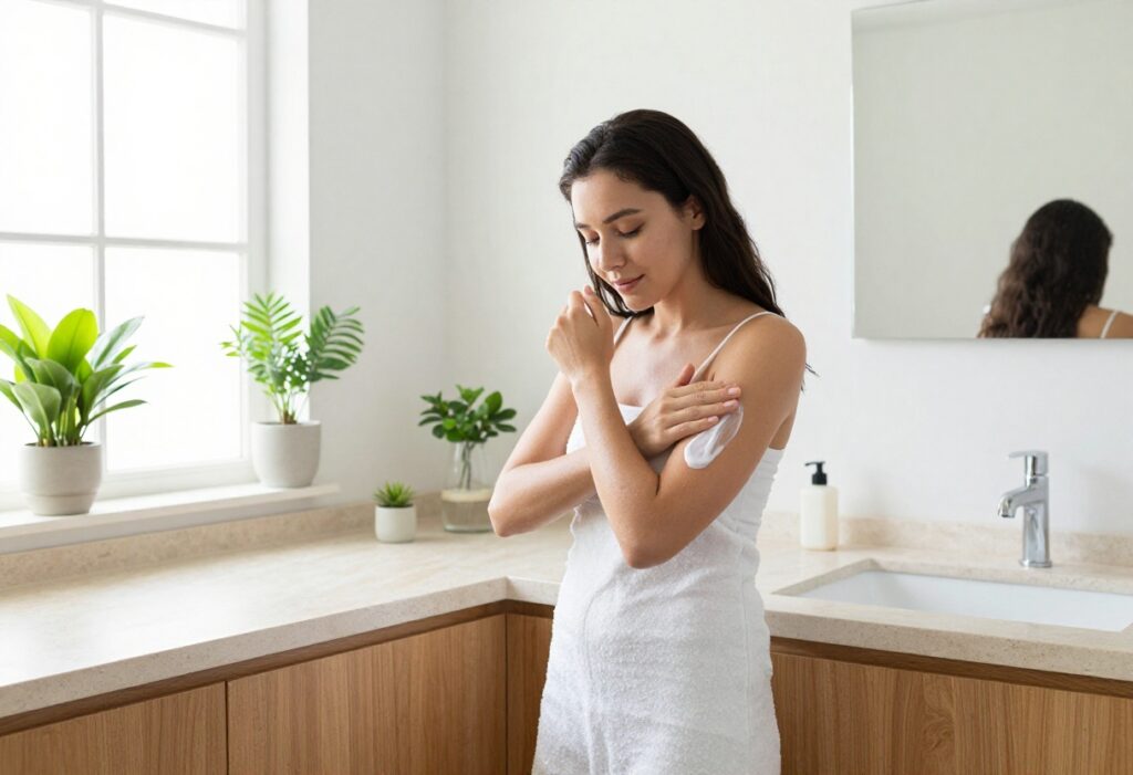 Woman applying lightweight moisturizer in a bright Indonesian bathroom