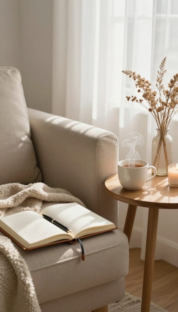 Cozy bedroom corner with journal, pen, tea, and candle in soft morning light