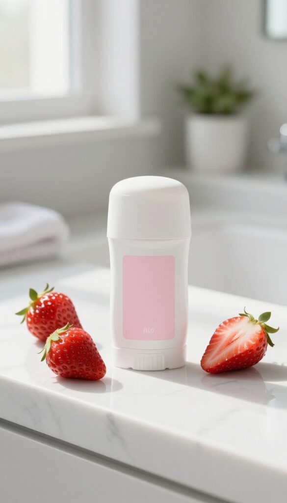 Natural strawberry deodorant on a marble counter with fresh strawberries, bright natural light, clean bathroom setting.