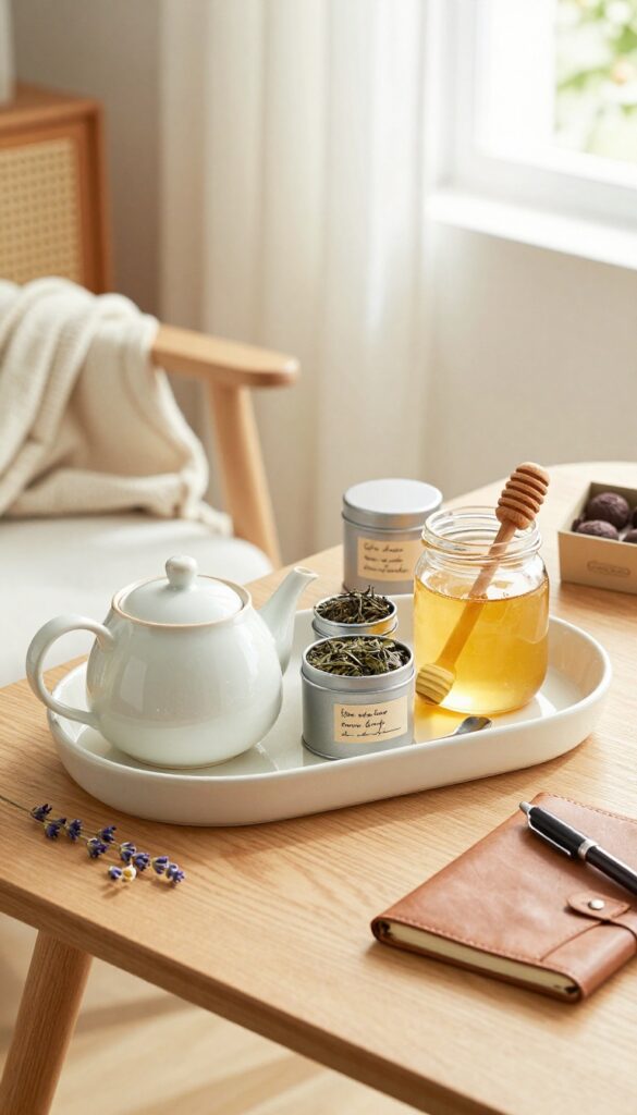 Tea lover's tranquility basket with teapot, honey, teas, journal, and truffles on wooden table