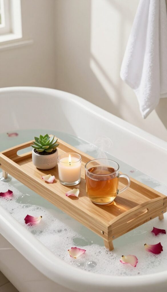 Cozy bath soak basket setup with wooden tray, candle, tea, and speaker on a clawfoot tub